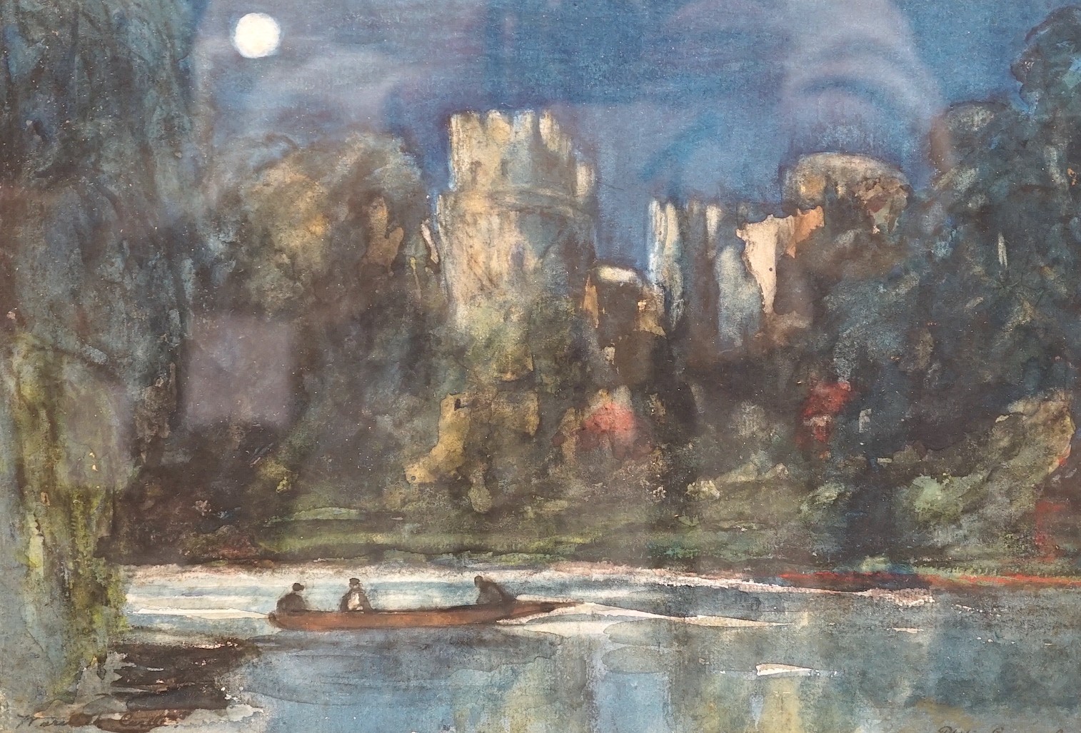 Philip Connard (1875-1958), watercolour, Moonlit scene with figures in a punt and a castle, signed, 23 x 33cm